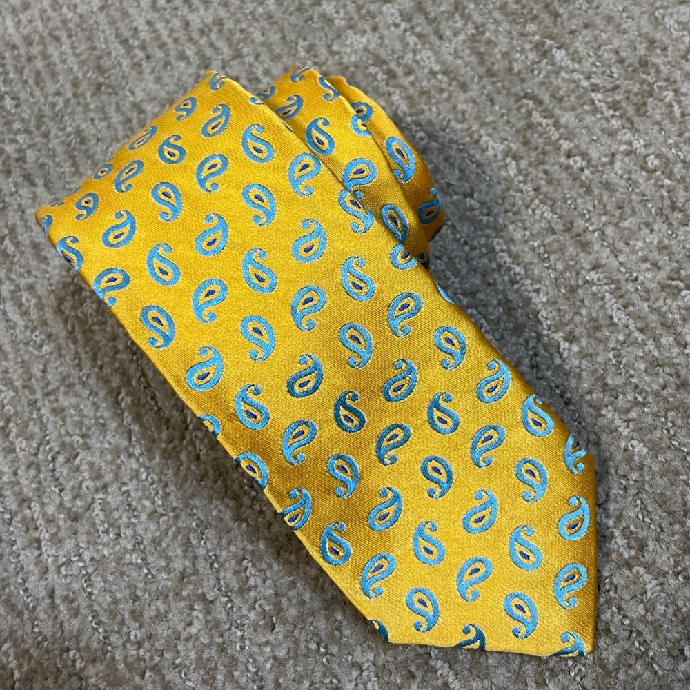 Ted Baker London Silk Tie Mens Yellow Blue Paisley Maximalist Made in USA 61"
